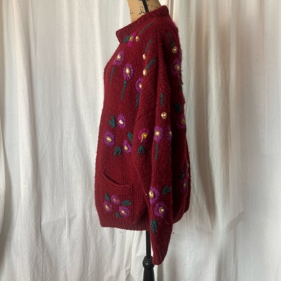 Vintage Ethnik Creations Chunky Knit Cardigan Red Fuchsia Green Floral Sz L - Picture 3 of 6